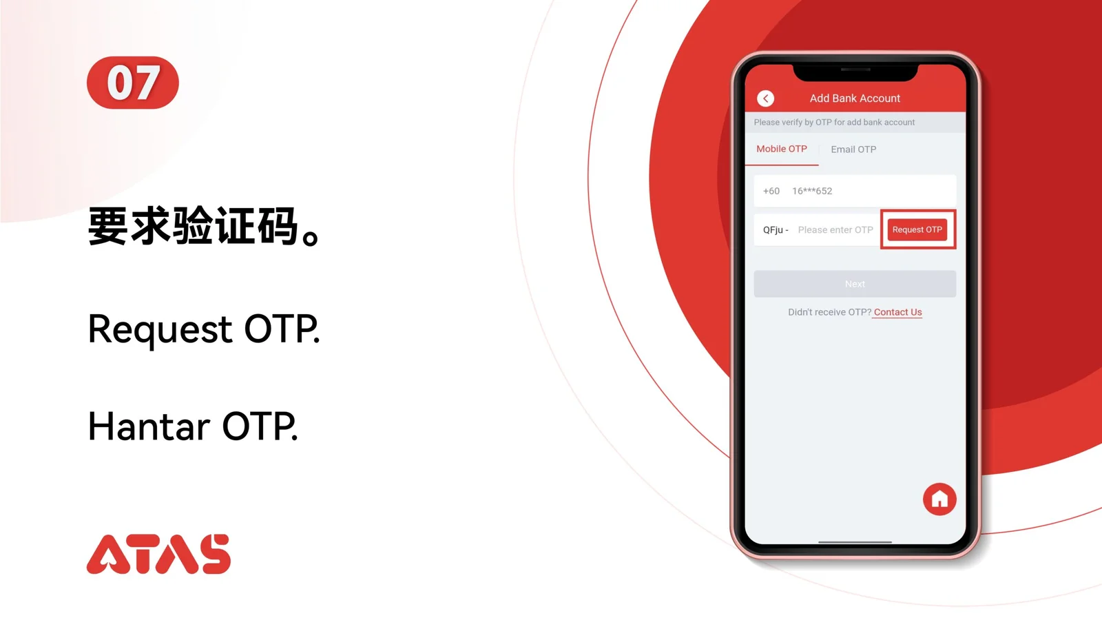 Request an OTP — step 8 of the Add a Bank Account guide