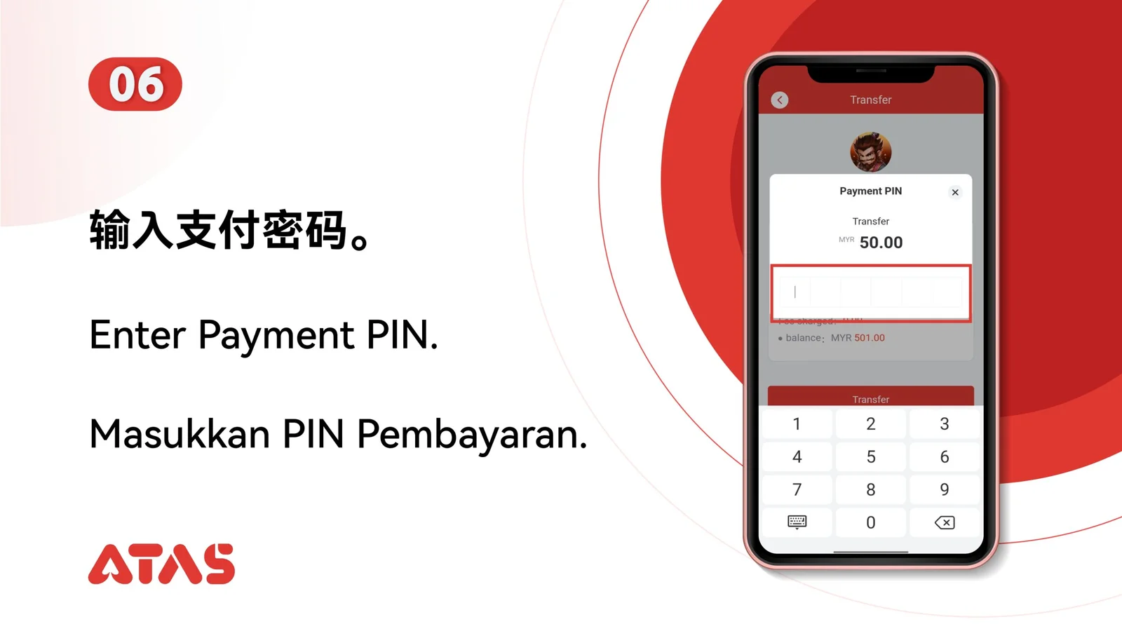 Enter your payment PIN — step 7 of the Scan to Transfer guide